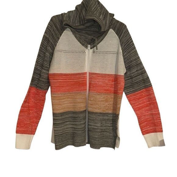 Multicolor Stripe Colorblock Pointelle Knit Full Hooded Sweater Ladies Large - Picture 1 of 7